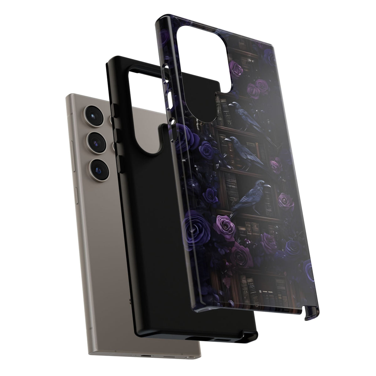 Gothic Raven Phone Case: Dark Purple Floral Library Design