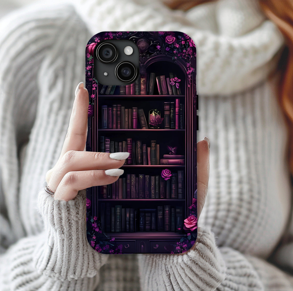 Gothic Bookshelf Phone Case: Dark Purple Roses, Book Lover Gift, Literary Cover