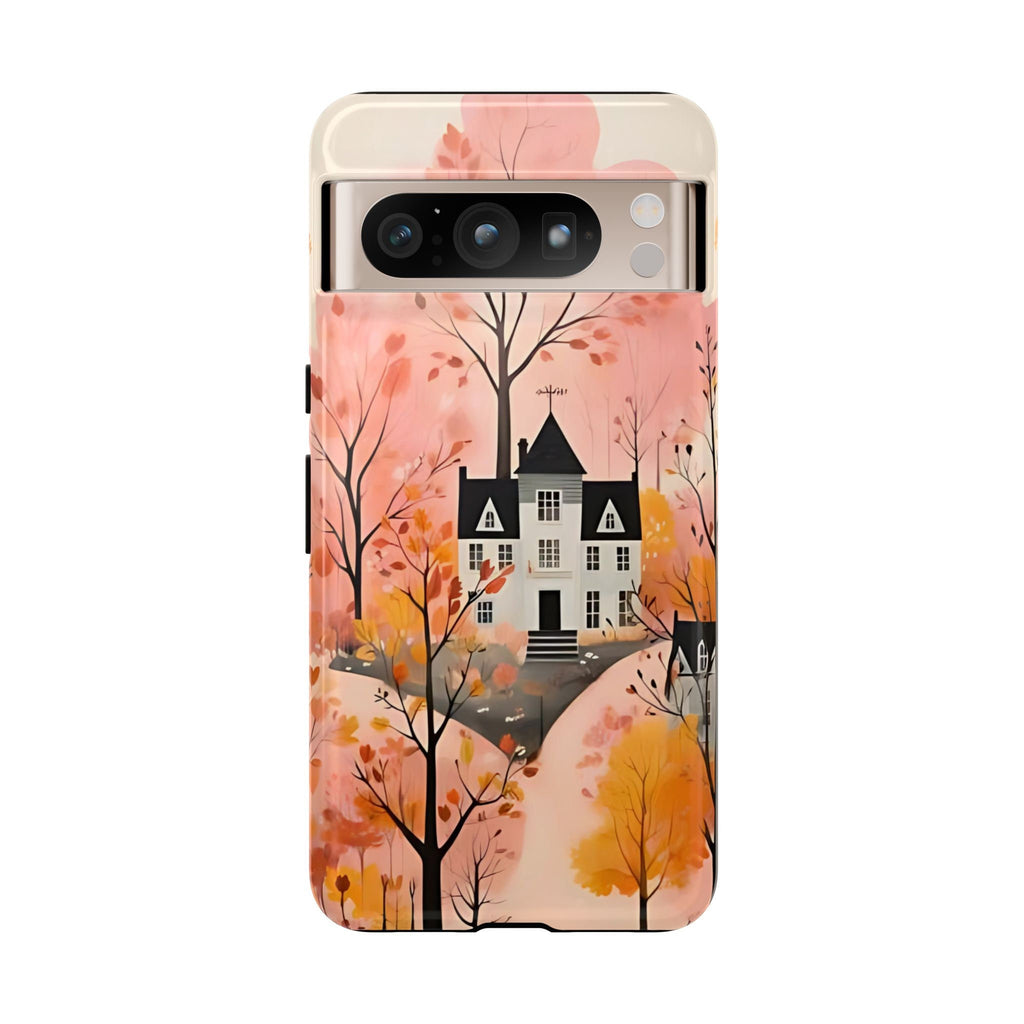 Autumn Forest House Phone Case – Pastel Orange Fall Aesthetic, Cozy Woodland Autumn Phone Cover, Cute iPhone Galaxy Pixel Case