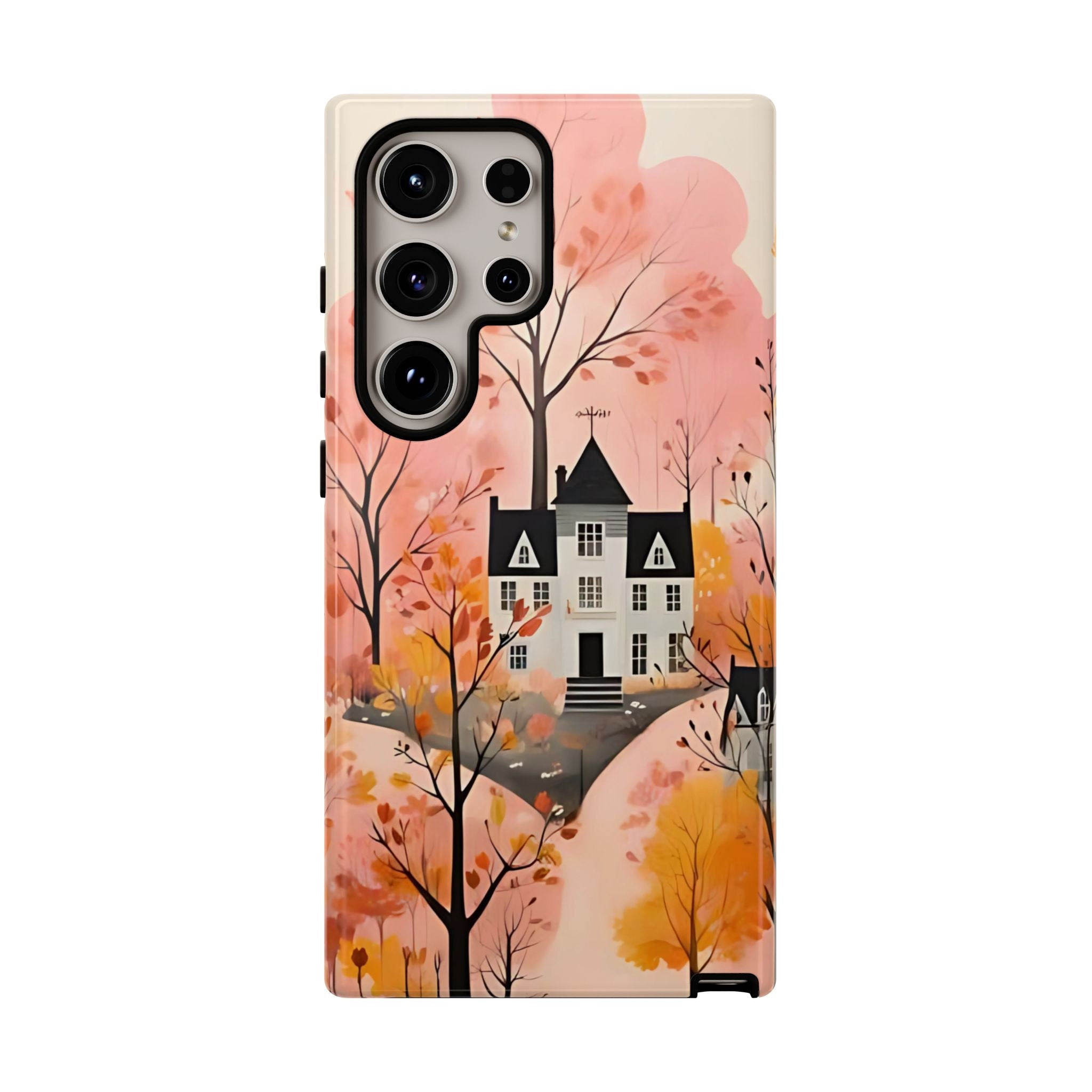 Autumn Forest House Phone Case – Pastel Orange Fall Aesthetic, Cozy Woodland Autumn Phone Cover, Cute iPhone Galaxy Pixel Case