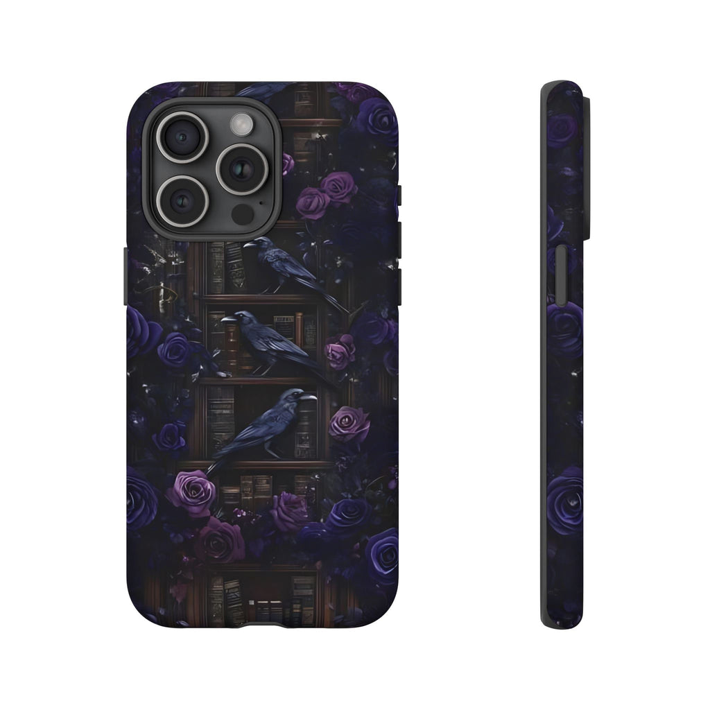 Gothic Raven Phone Case: Dark Purple Floral Library Design