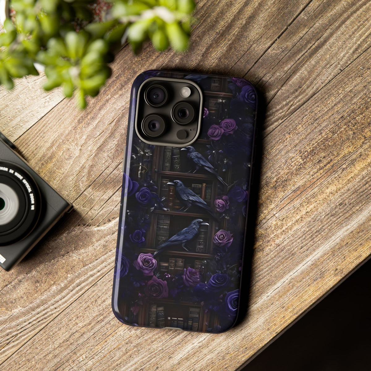 Gothic Raven Phone Case: Dark Purple Floral Library Design