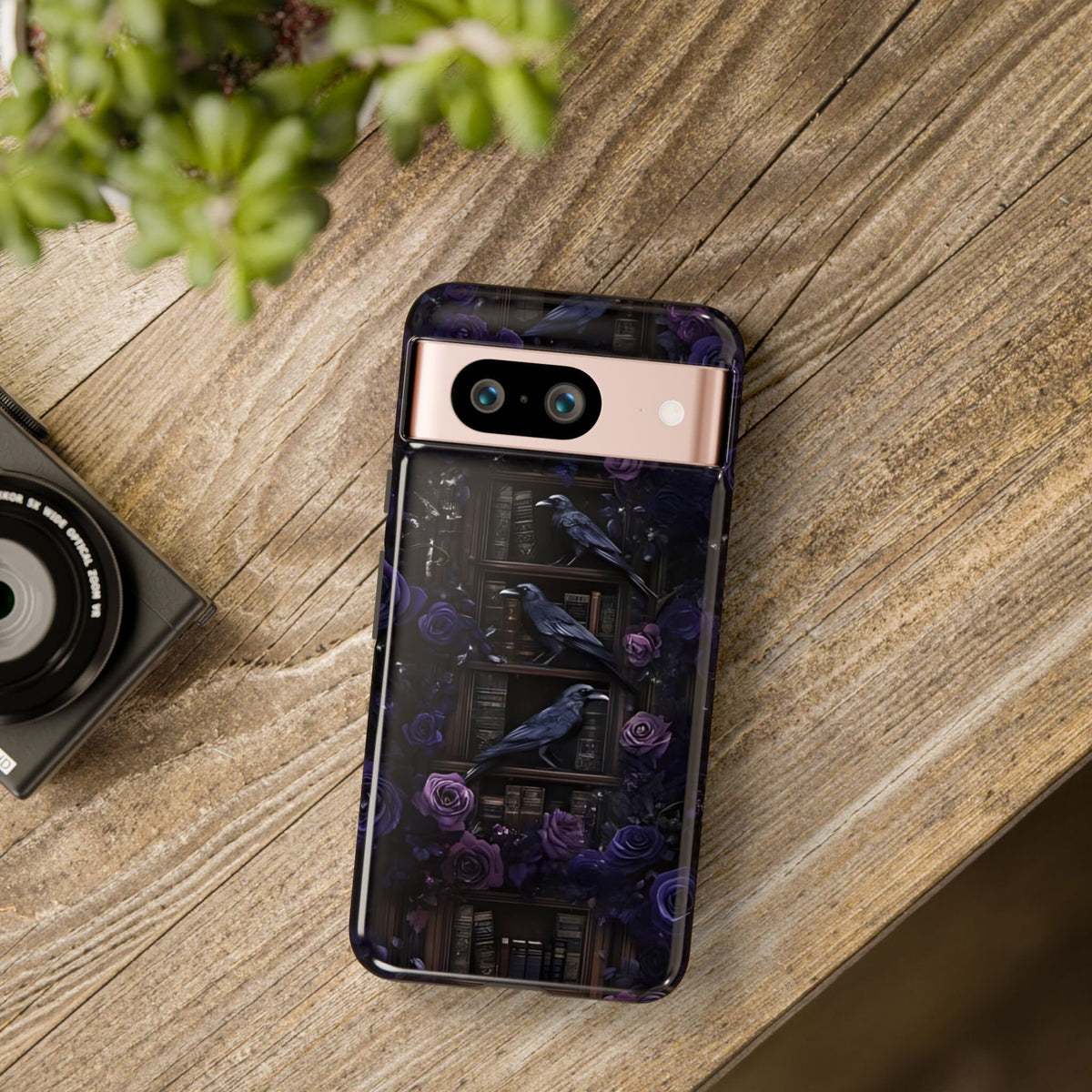 Gothic Raven Phone Case: Dark Purple Floral Library Design