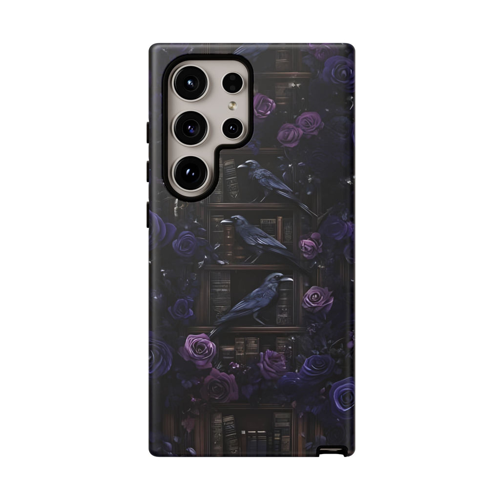 Gothic Raven Phone Case: Dark Purple Floral Library Design