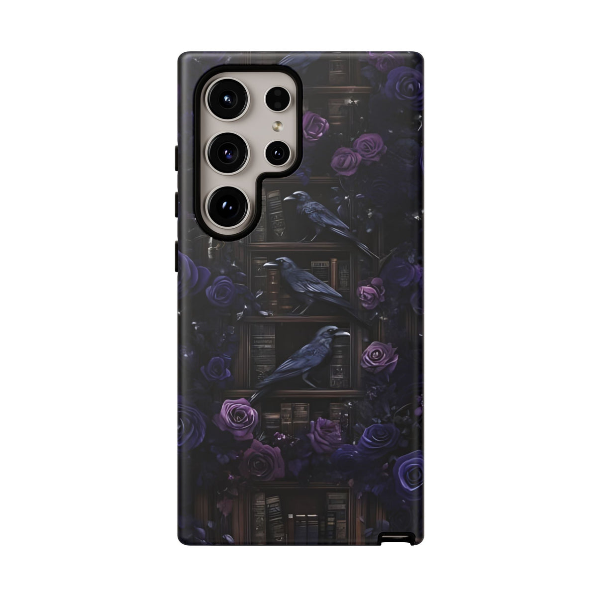 Gothic Raven Phone Case: Dark Purple Floral Library Design