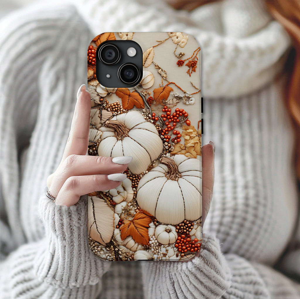 Embroidered Autumn Leaves Phone Case: Fall Pumpkins Design