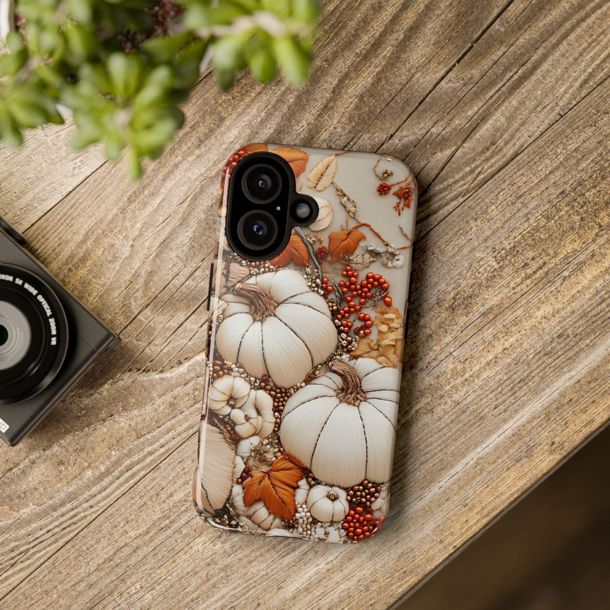 Embroidered Autumn Leaves Phone Case: Fall Pumpkins Design