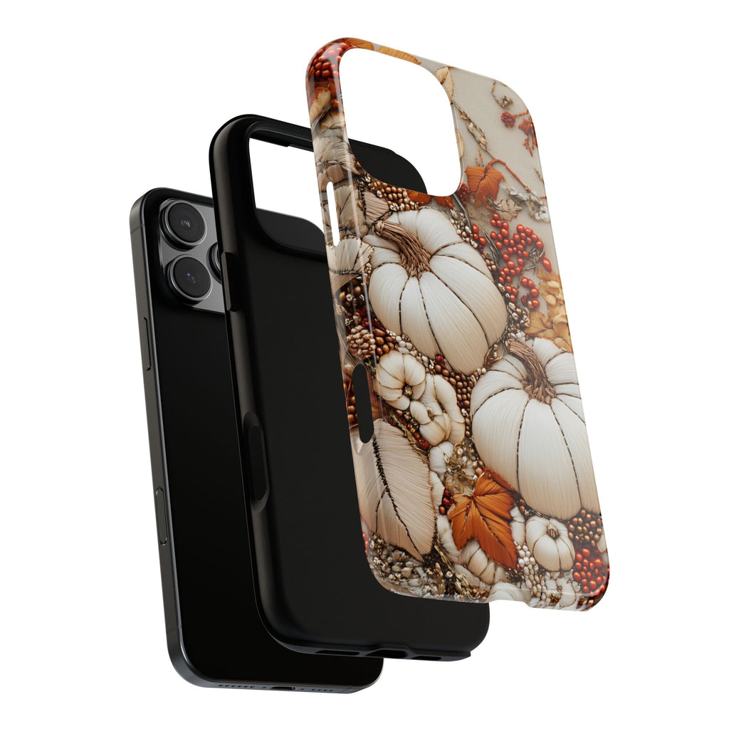 Embroidered Autumn Leaves Phone Case: Fall Pumpkins Design