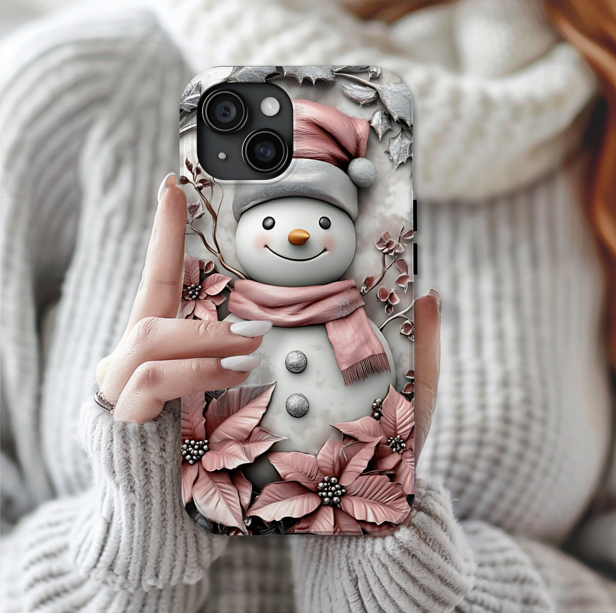 Pink Christmas Snowman Phone Case: Festive 3D Holiday Cover