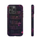 Gothic Bookshelf Phone Case: Dark Purple Roses, Book Lover Gift, Literary Cover
