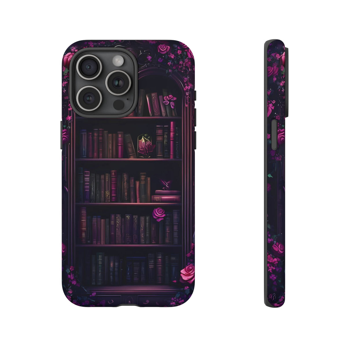 Gothic Bookshelf Phone Case: Dark Purple Roses, Book Lover Gift, Literary Cover