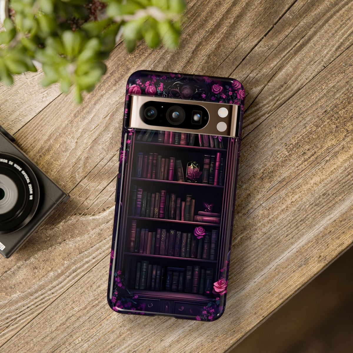 Gothic Bookshelf Phone Case: Dark Purple Roses, Book Lover Gift, Literary Cover