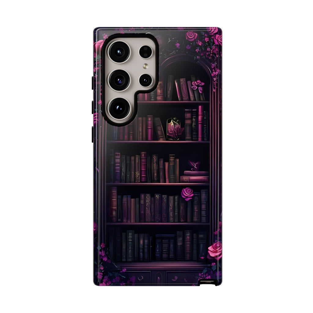 Gothic Bookshelf Phone Case: Dark Purple Roses, Book Lover Gift, Literary Cover