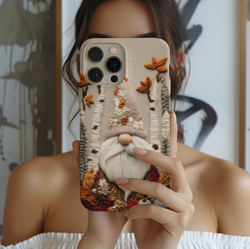 Autumn Gnome Phone Case, Embroidered Look Cottagecore Design, iPhone Galaxy Pixel Cases, Fall Cover