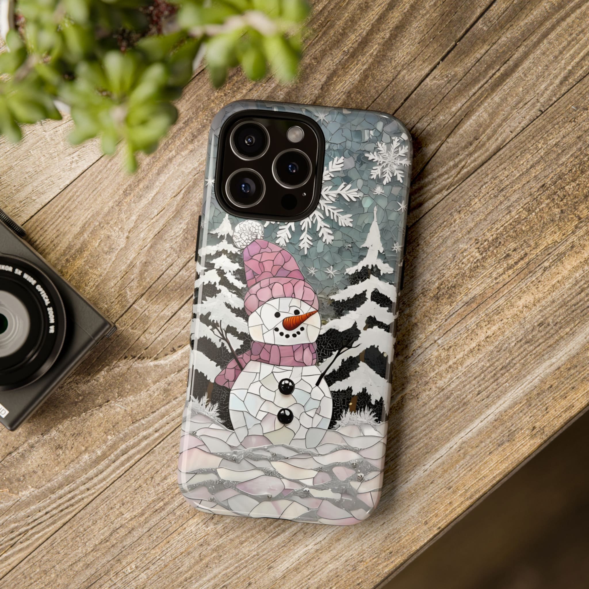 Snowman Phone Case: Winter Faux Stained Glass iPhone Galaxy Pixel