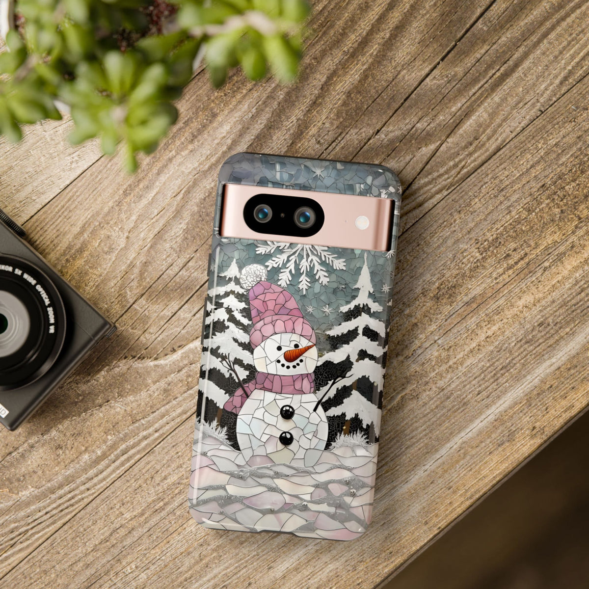 Snowman Phone Case: Winter Faux Stained Glass iPhone Galaxy Pixel