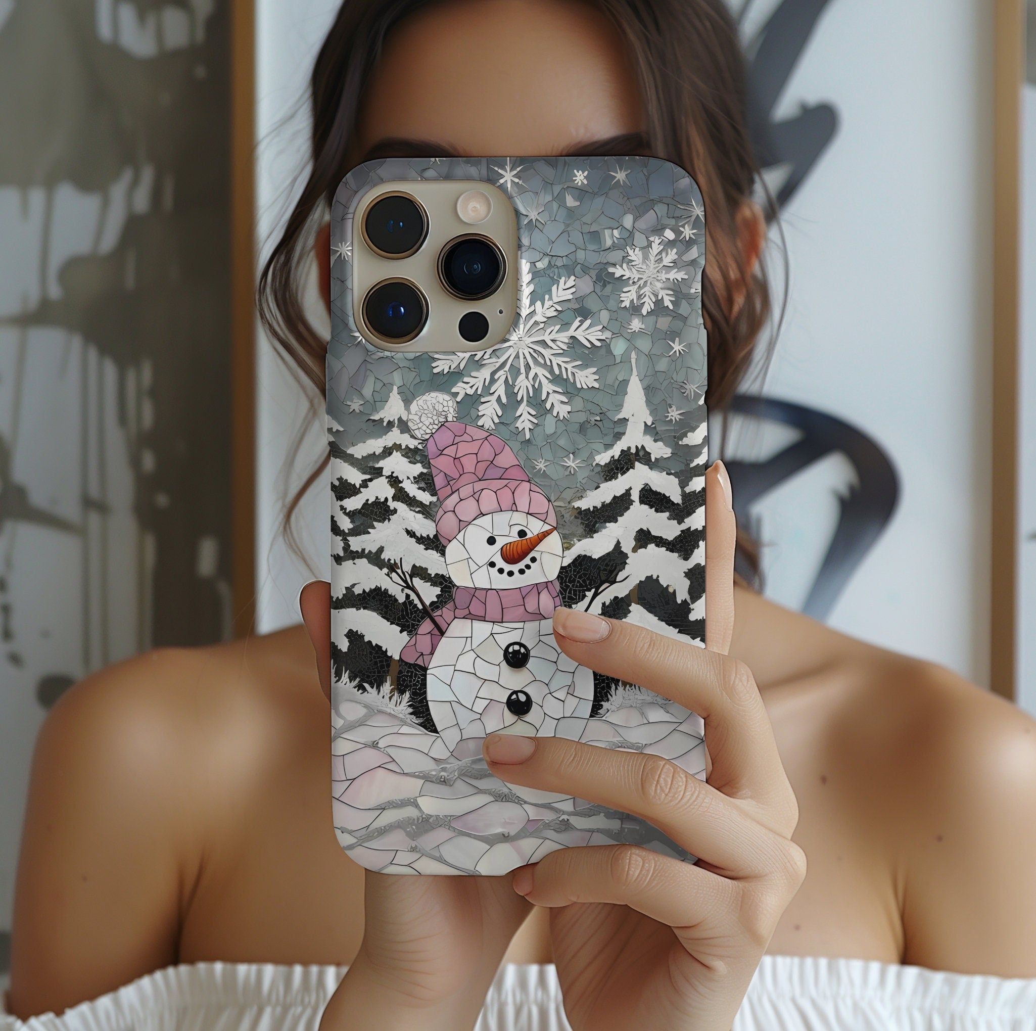 Snowman Phone Case: Winter Faux Stained Glass iPhone Galaxy Pixel