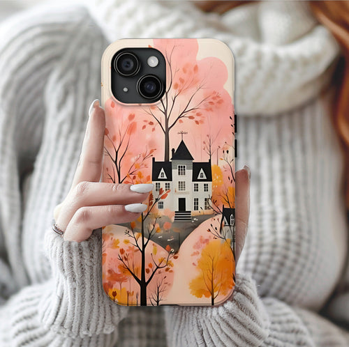 Autumn Forest House Phone Case – Pastel Orange Fall Aesthetic, Cozy Woodland Autumn Phone Cover, Cute iPhone Galaxy Pixel Case