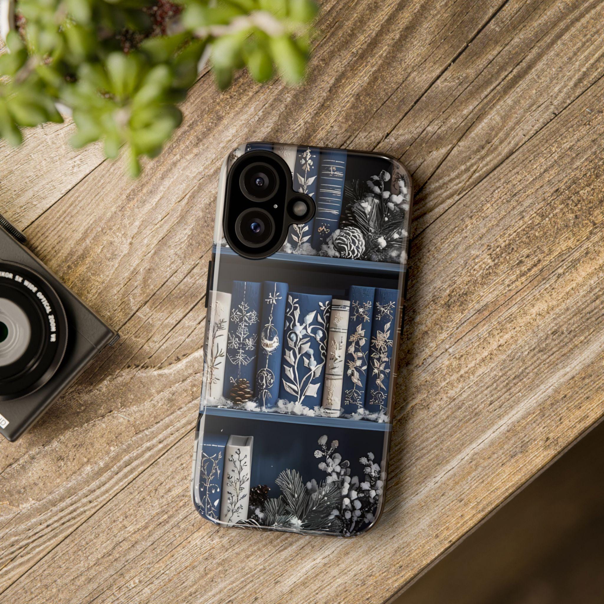 Blue Christmas Bookshelf Phone Case: Winter Book Lover Gift Book Lovers, iPhone Galaxy, Pixel