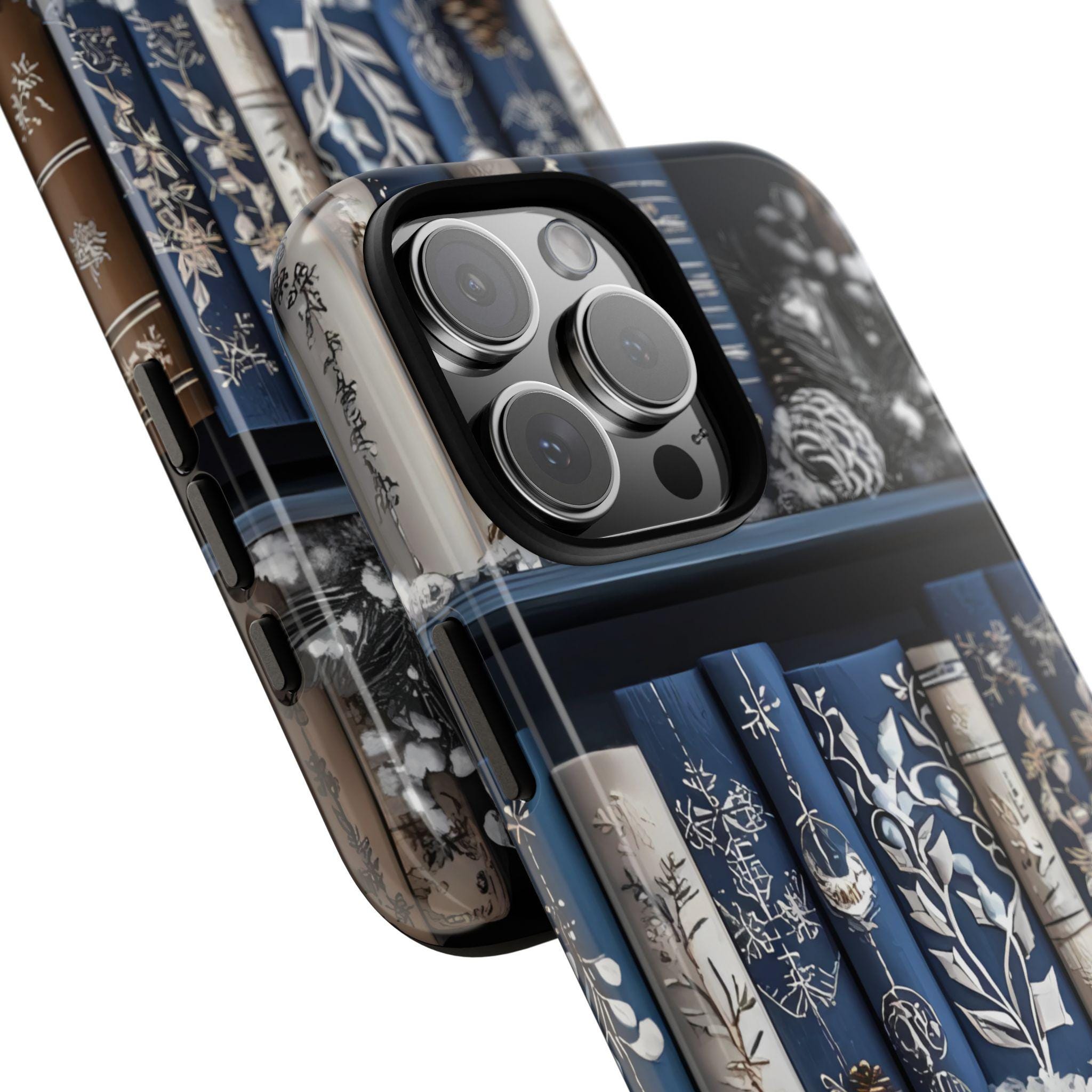 Blue Christmas Bookshelf Phone Case: Winter Book Lover Gift Book Lovers, iPhone Galaxy, Pixel