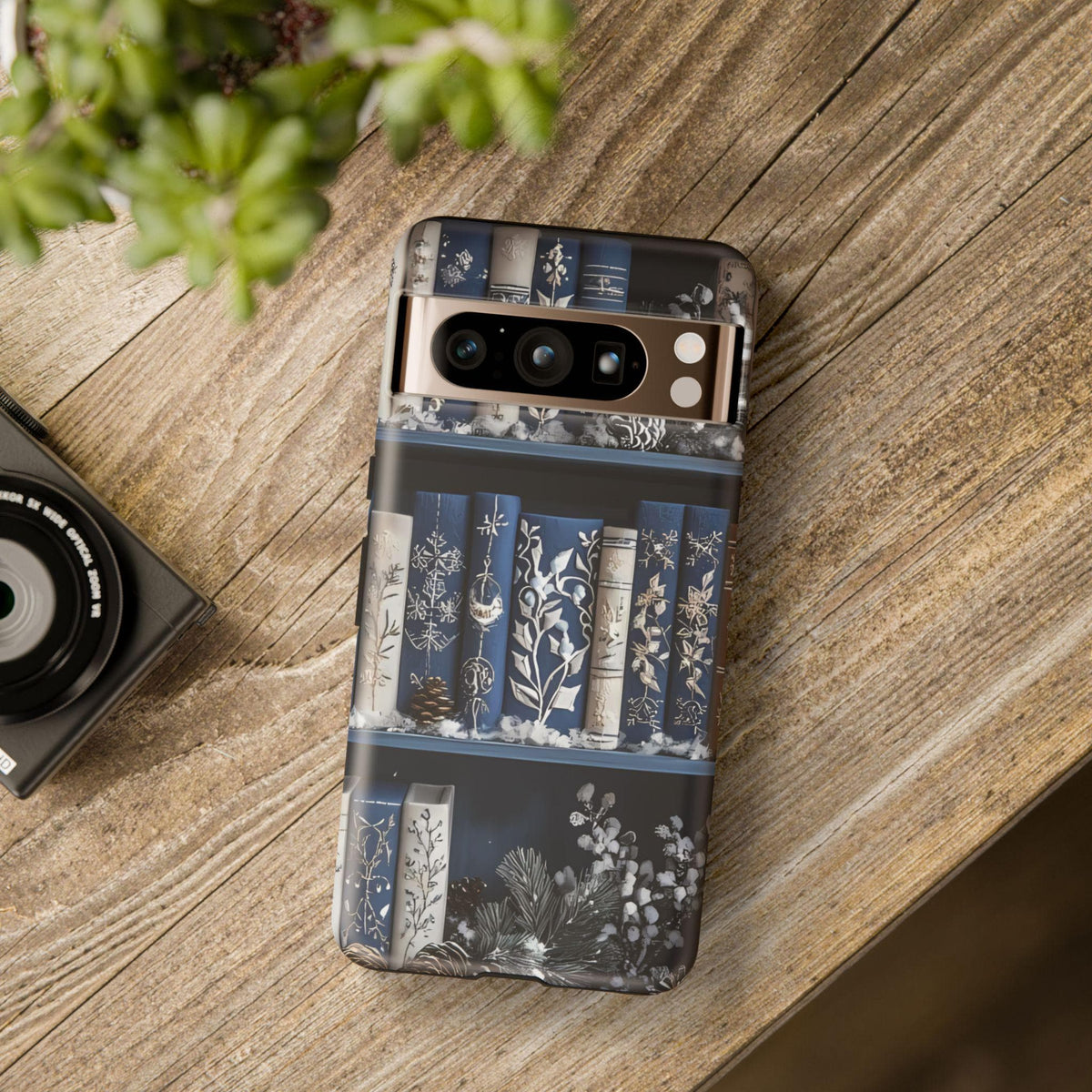 Blue Christmas Bookshelf Phone Case: Winter Book Lover Gift Book Lovers, iPhone Galaxy, Pixel
