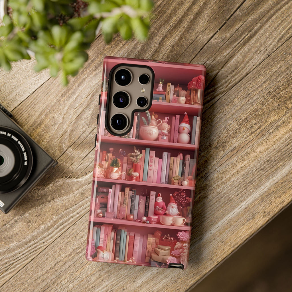 Pink Christmas Bookshelf Phone Case: Romance Novel Lover Gift