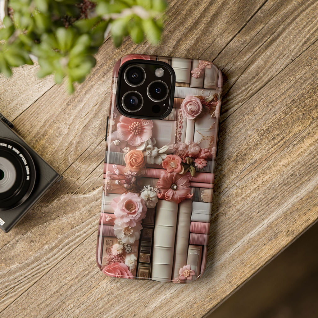 Bookish Phone Case: Pink Floral Bookshelf, Boho Library Cover