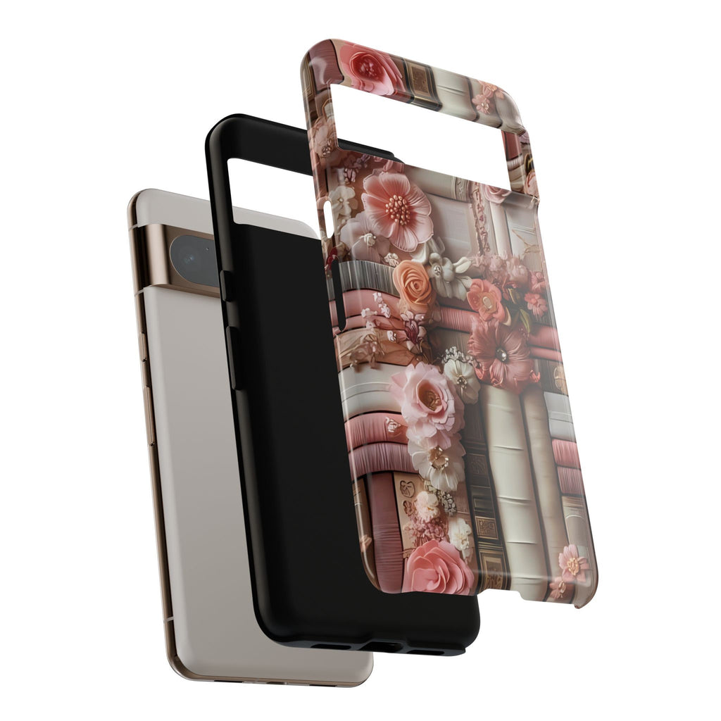Bookish Phone Case: Pink Floral Bookshelf, Boho Library Cover