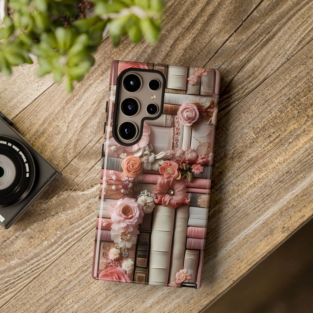 Bookish Phone Case: Pink Floral Bookshelf, Boho Library Cover