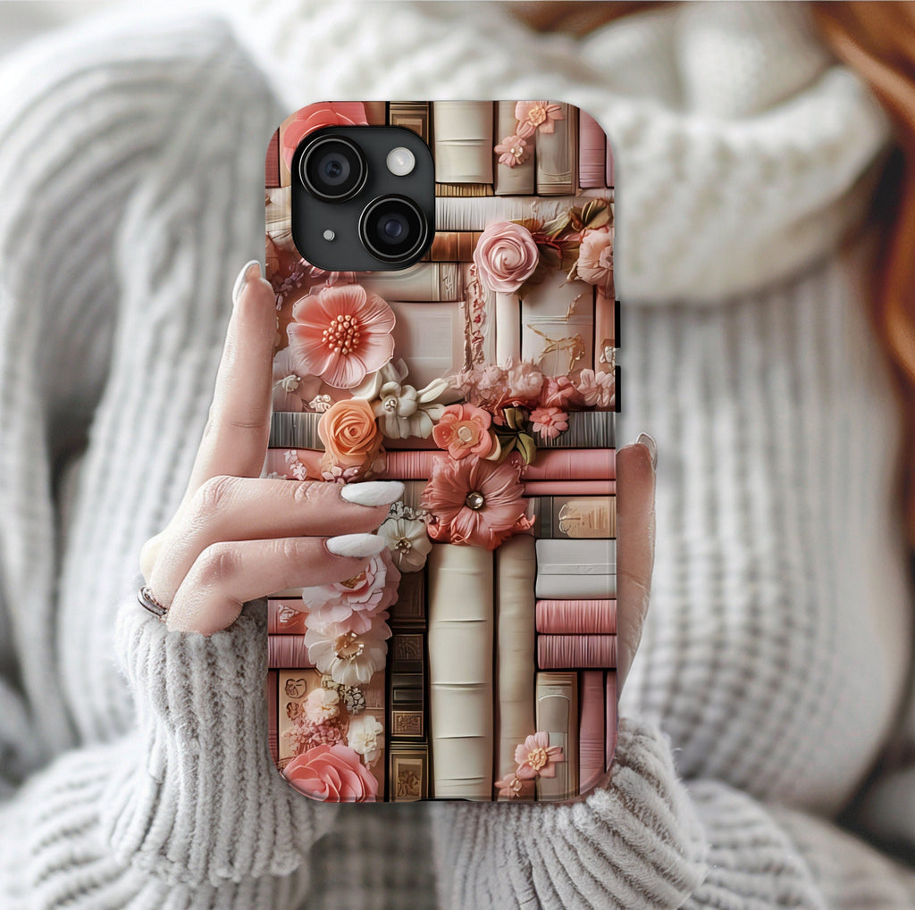 Bookish Phone Case: Pink Floral Bookshelf, Boho Library Cover