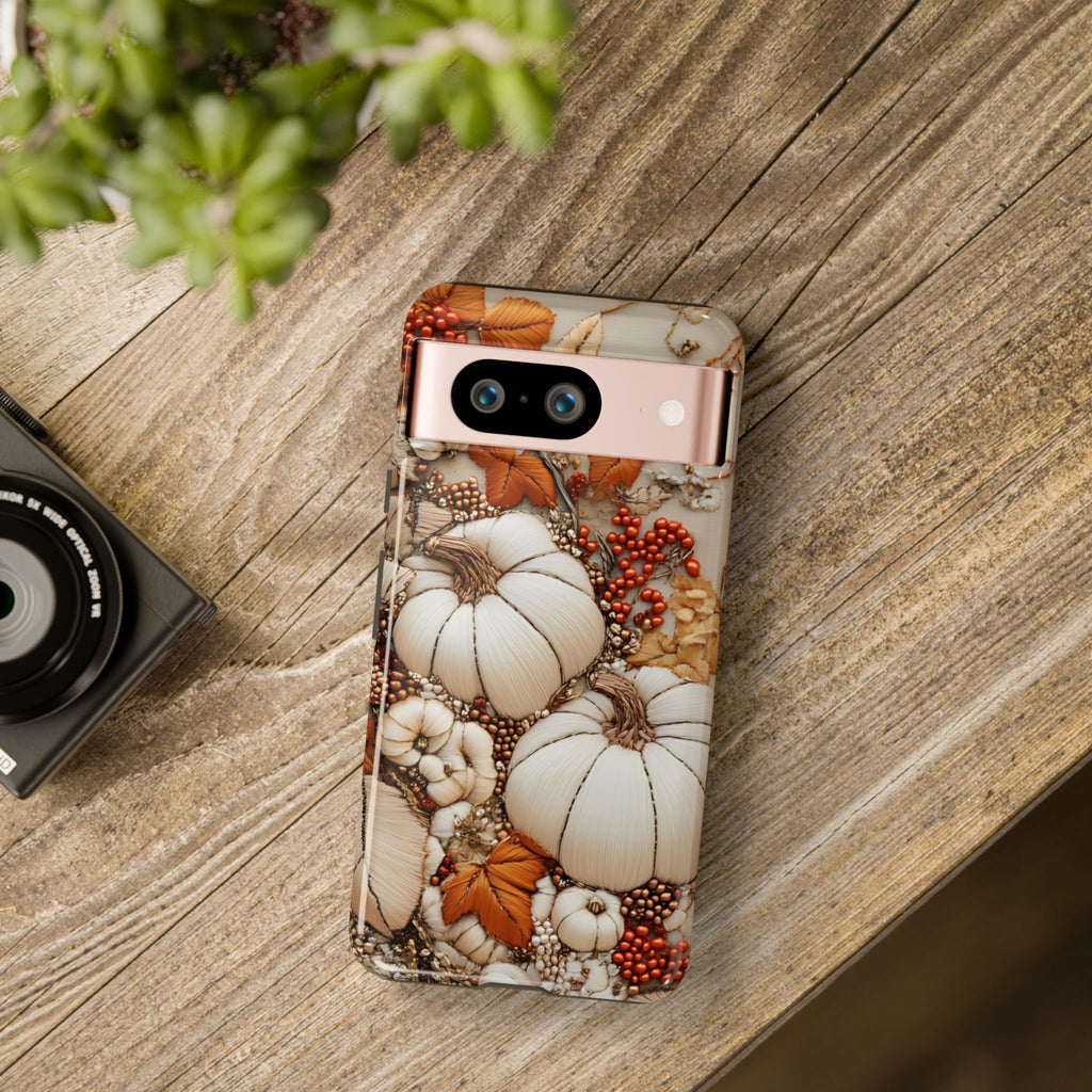 Embroidered Autumn Leaves Phone Case: Fall Pumpkins Design