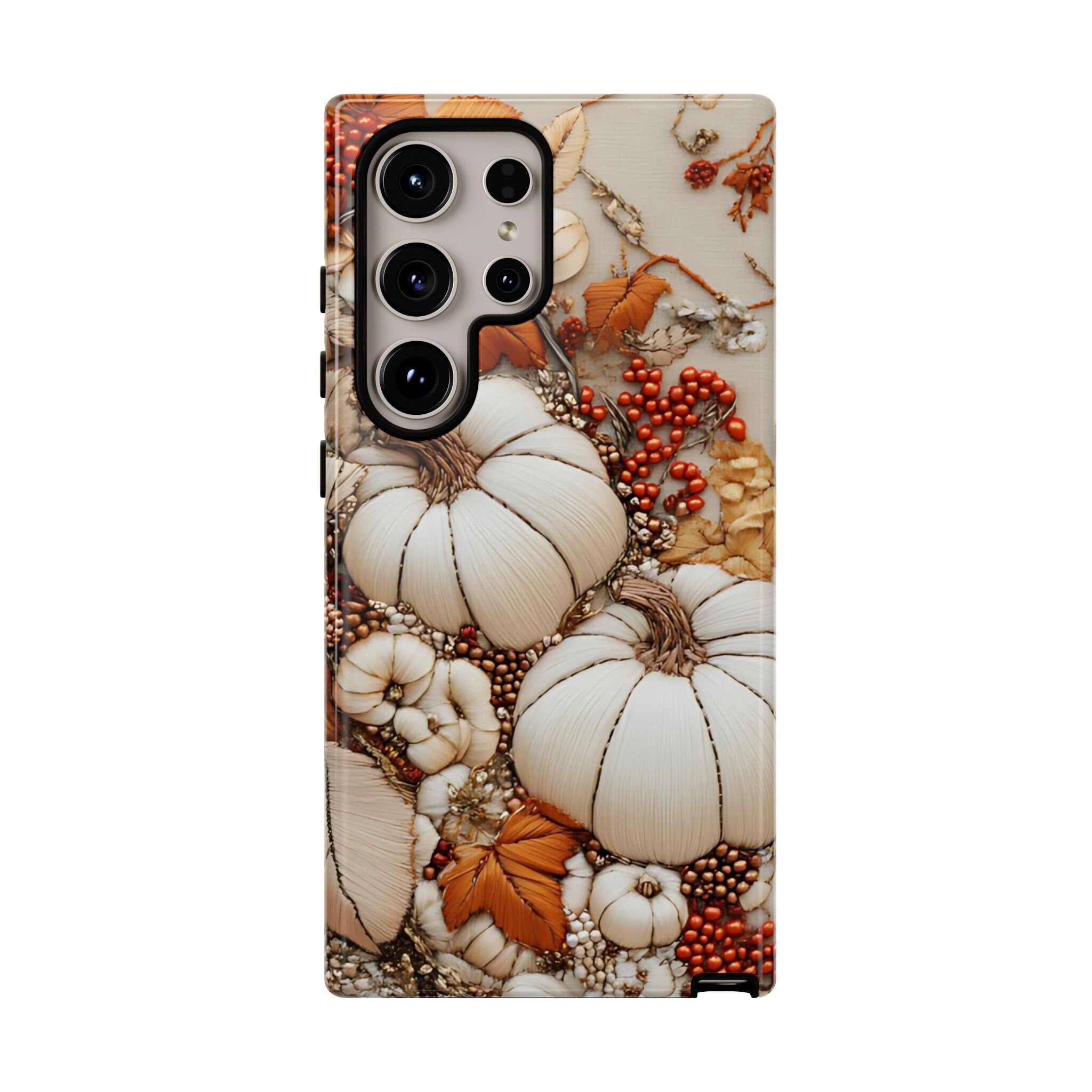 Embroidered Autumn Leaves Phone Case: Fall Pumpkins Design