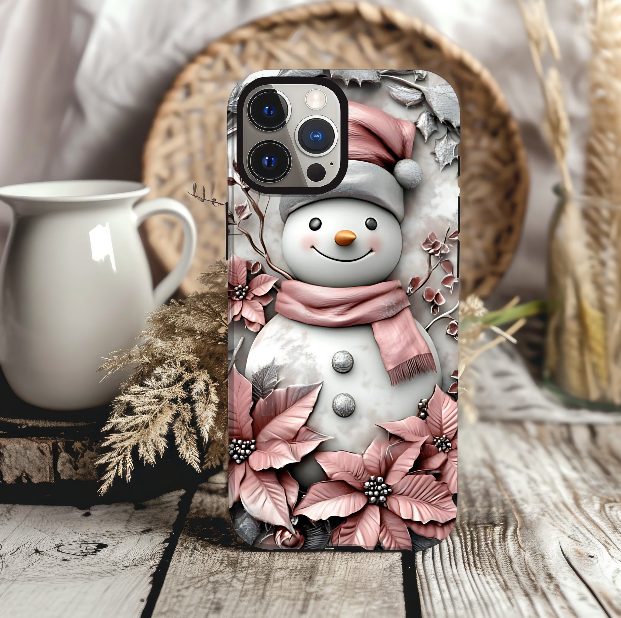 Pink Christmas Snowman Phone Case: Festive 3D Holiday Cover