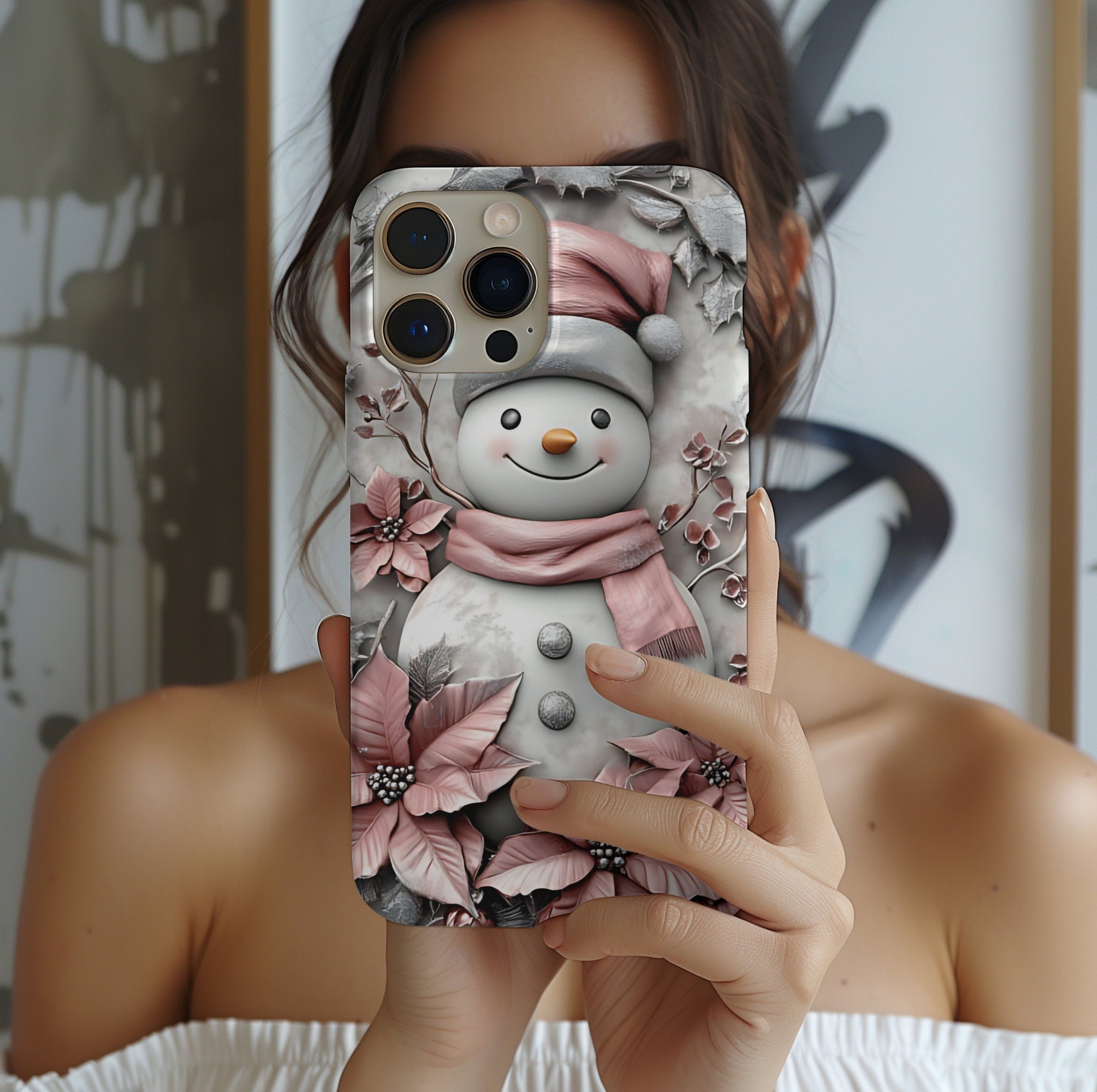 Pink Christmas Snowman Phone Case: Festive 3D Holiday Cover