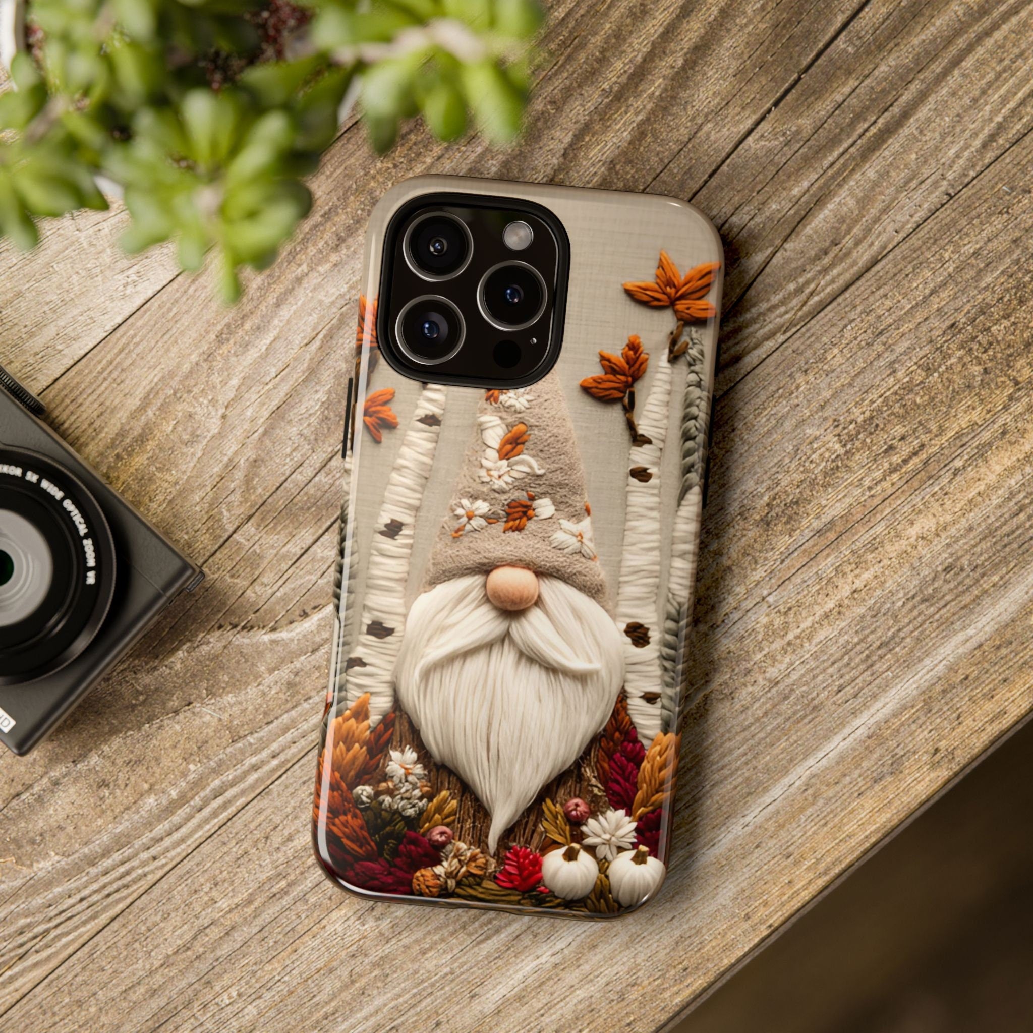 Autumn Gnome Phone Case, Embroidered Look Cottagecore Design, iPhone Galaxy Pixel Cases, Fall Cover
