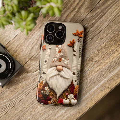 Autumn Gnome Phone Case, Embroidered Look Cottagecore Design, iPhone Galaxy Pixel Cases, Fall Cover
