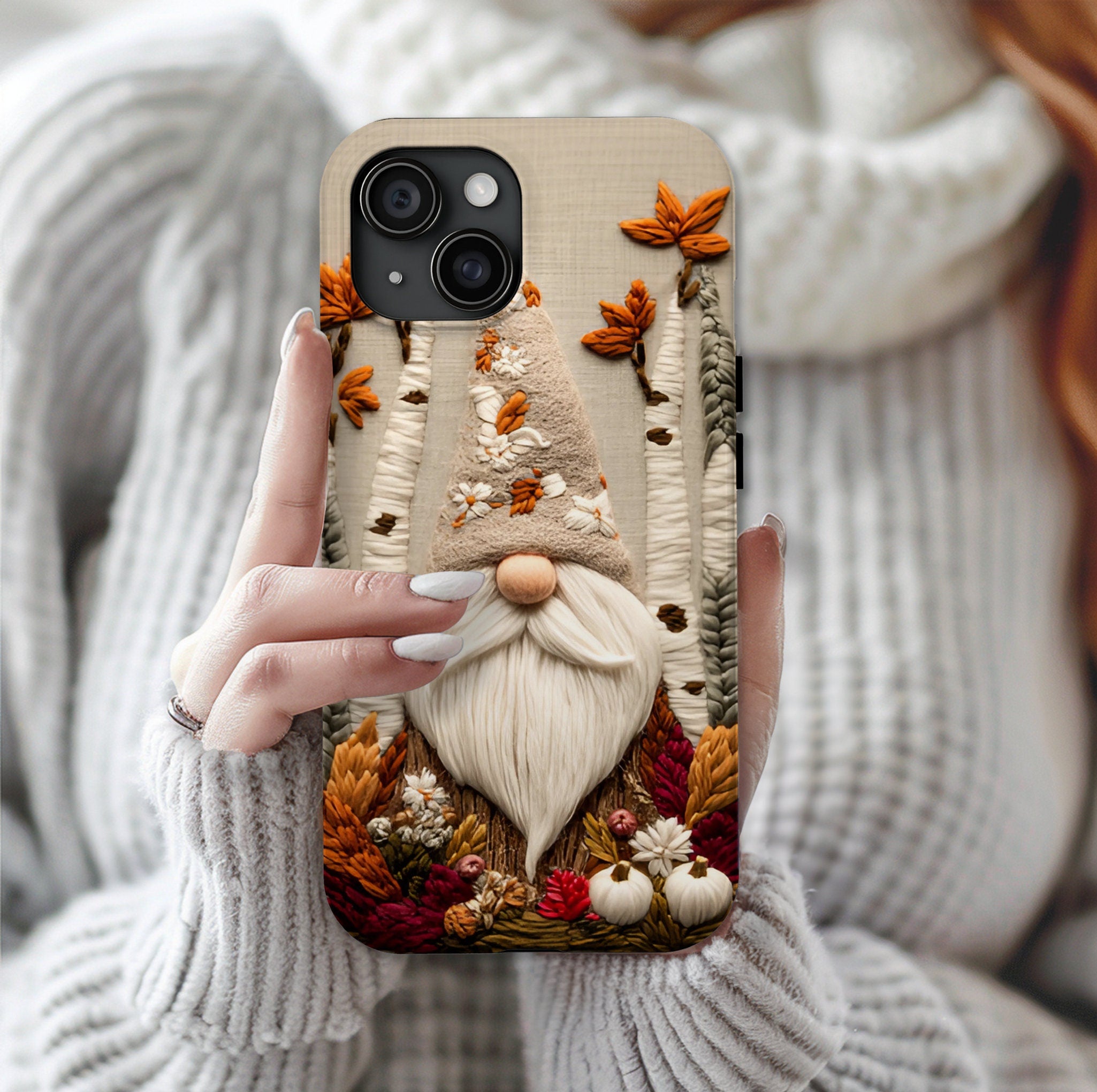 Autumn Gnome Phone Case, Embroidered Look Cottagecore Design, iPhone Galaxy Pixel Cases, Fall Cover