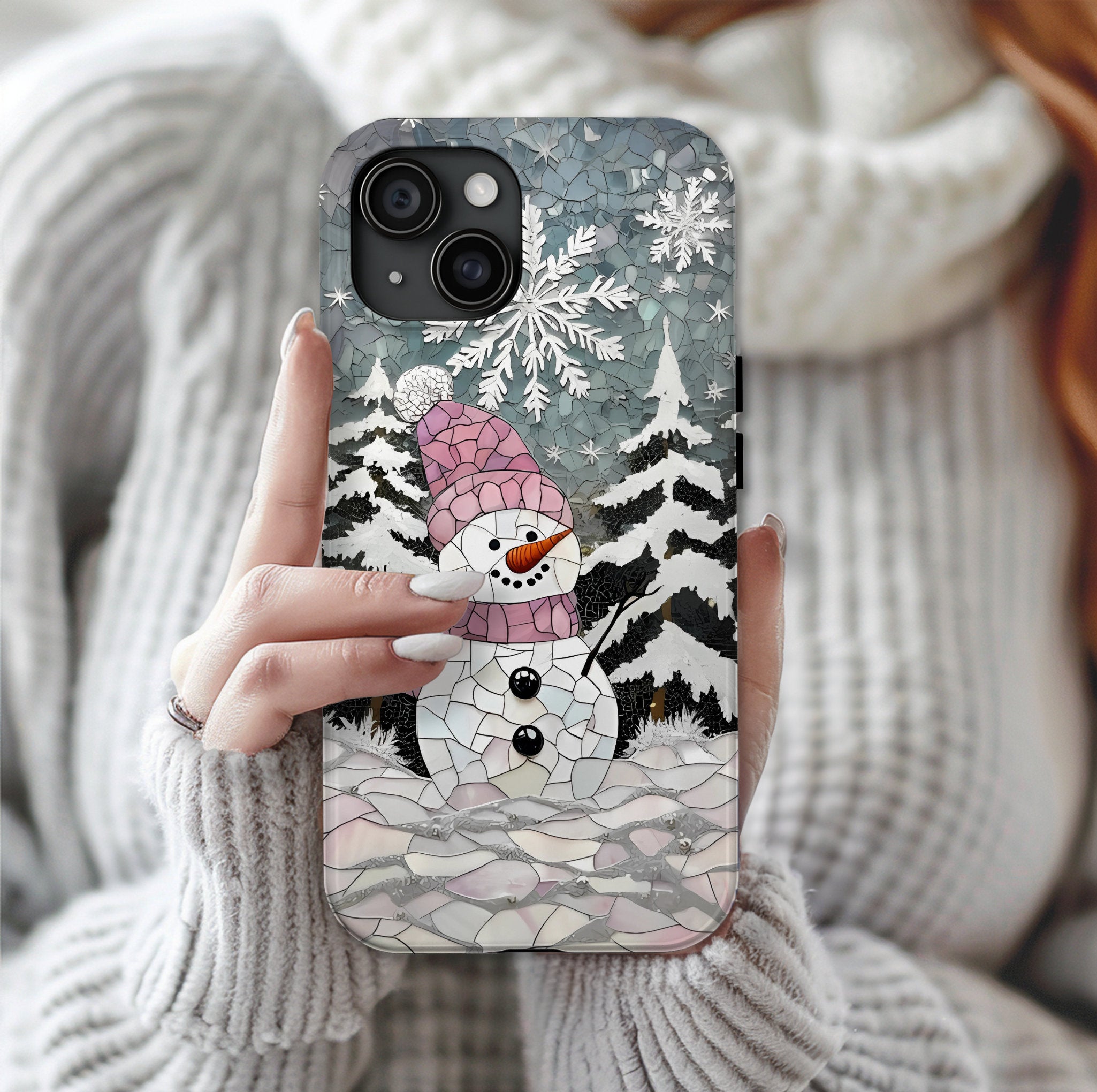 Snowman Phone Case: Winter Faux Stained Glass iPhone Galaxy Pixel