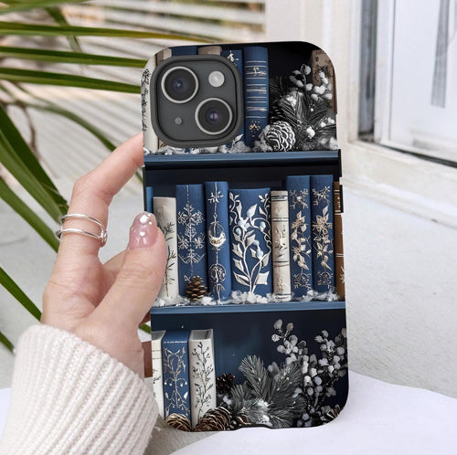 Blue Christmas Bookshelf Phone Case: Winter Book Lover Gift Book Lovers, iPhone Galaxy, Pixel