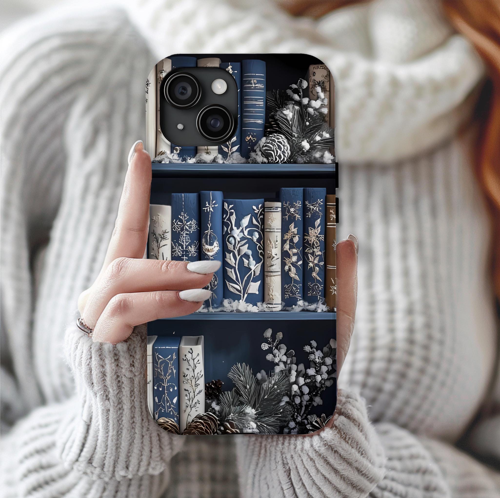 Blue Christmas Bookshelf Phone Case: Winter Book Lover Gift Book Lovers, iPhone Galaxy, Pixel
