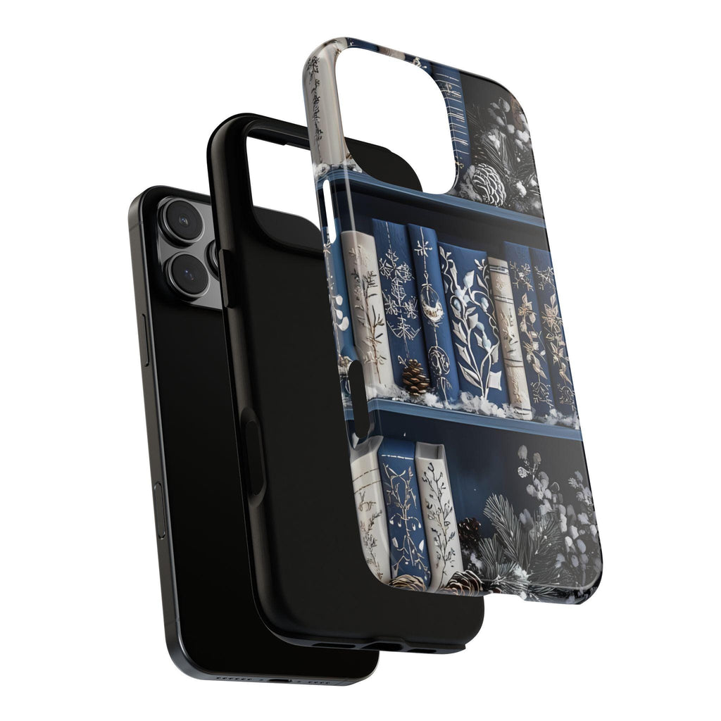 Blue Christmas Bookshelf Phone Case: Winter Book Lover Gift Book Lovers, iPhone Galaxy, Pixel