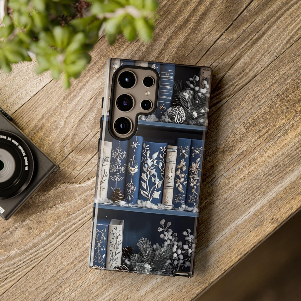 Blue Christmas Bookshelf Phone Case: Winter Book Lover Gift Book Lovers, iPhone Galaxy, Pixel