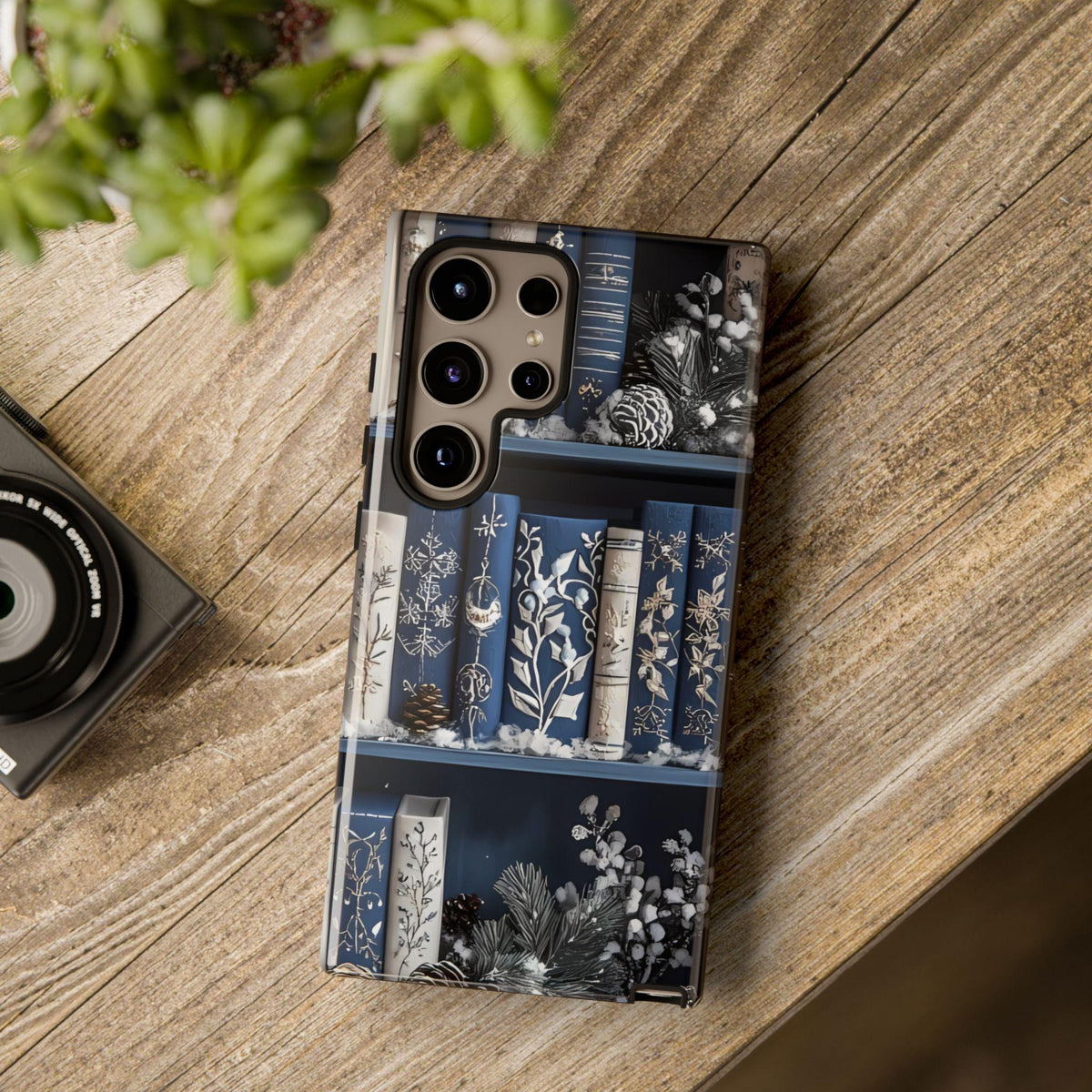 Blue Christmas Bookshelf Phone Case: Winter Book Lover Gift Book Lovers, iPhone Galaxy, Pixel