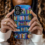 Blue Bookshelf Phone Case, Bookish Floral Design, iPhone Galaxy Pixel Book Lover Gift