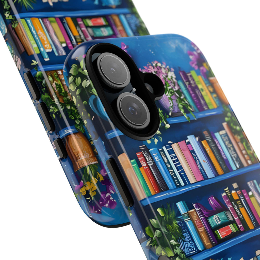 Blue Bookshelf Phone Case, Bookish Floral Design, iPhone Galaxy Pixel Book Lover Gift