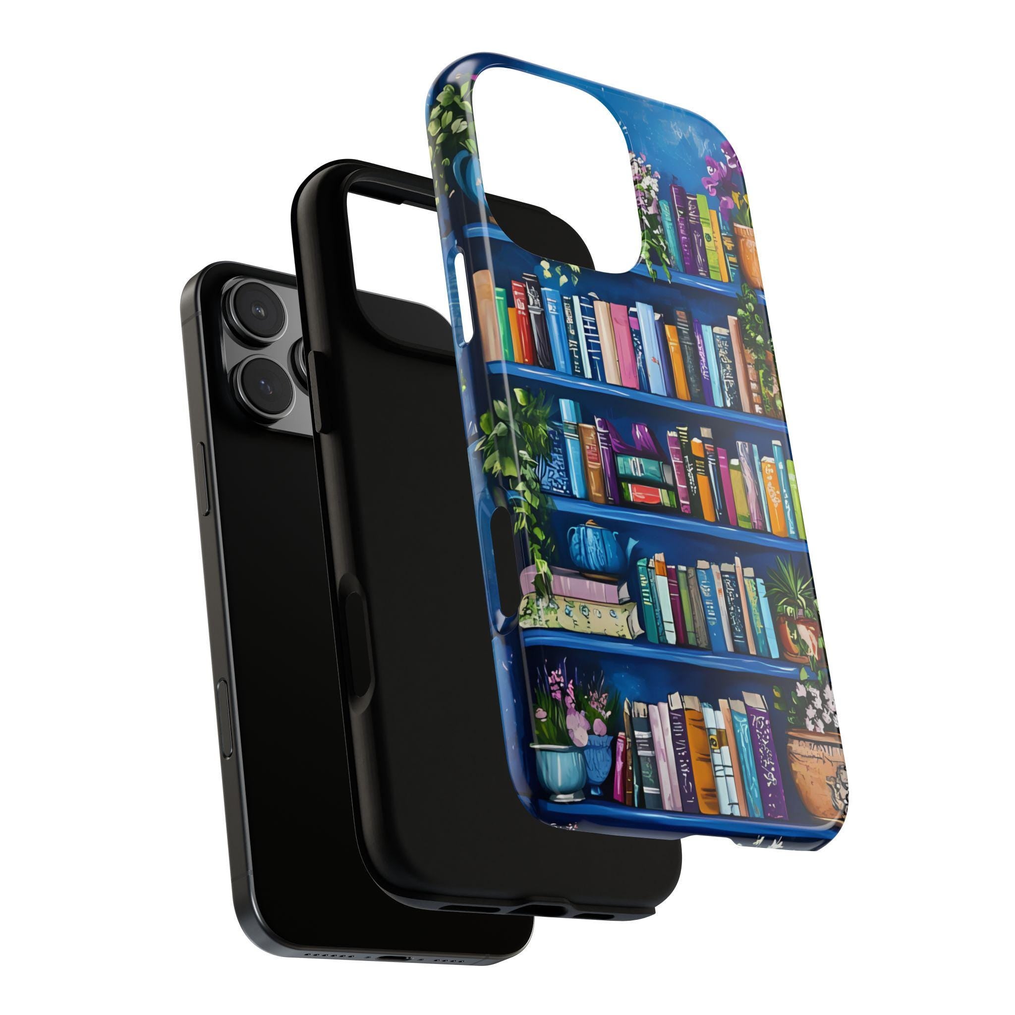 Blue Bookshelf Phone Case, Bookish Floral Design, iPhone Galaxy Pixel Book Lover Gift