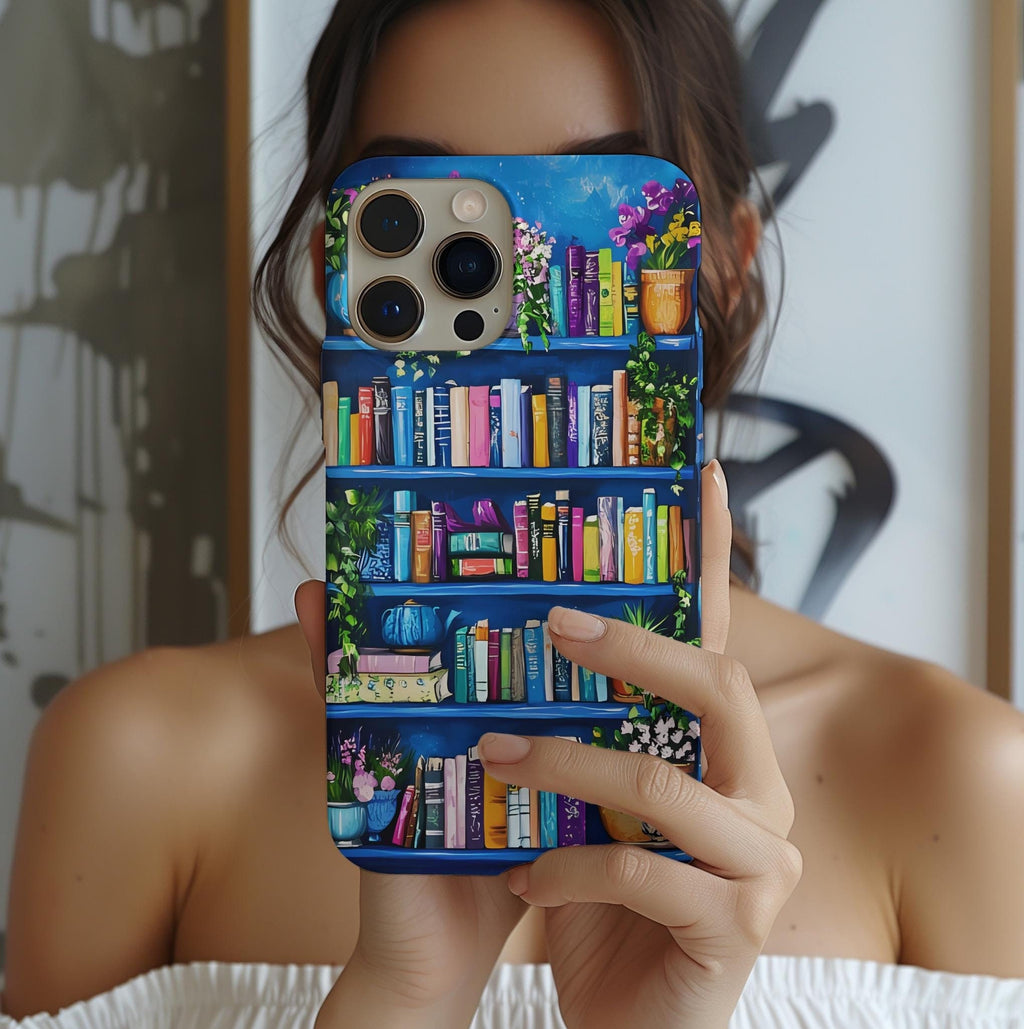 Blue Bookshelf Phone Case, Bookish Floral Design, iPhone Galaxy Pixel Book Lover Gift