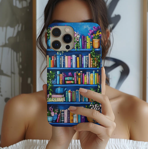 Blue Bookshelf Phone Case, Bookish Floral Design, iPhone Galaxy Pixel Book Lover Gift