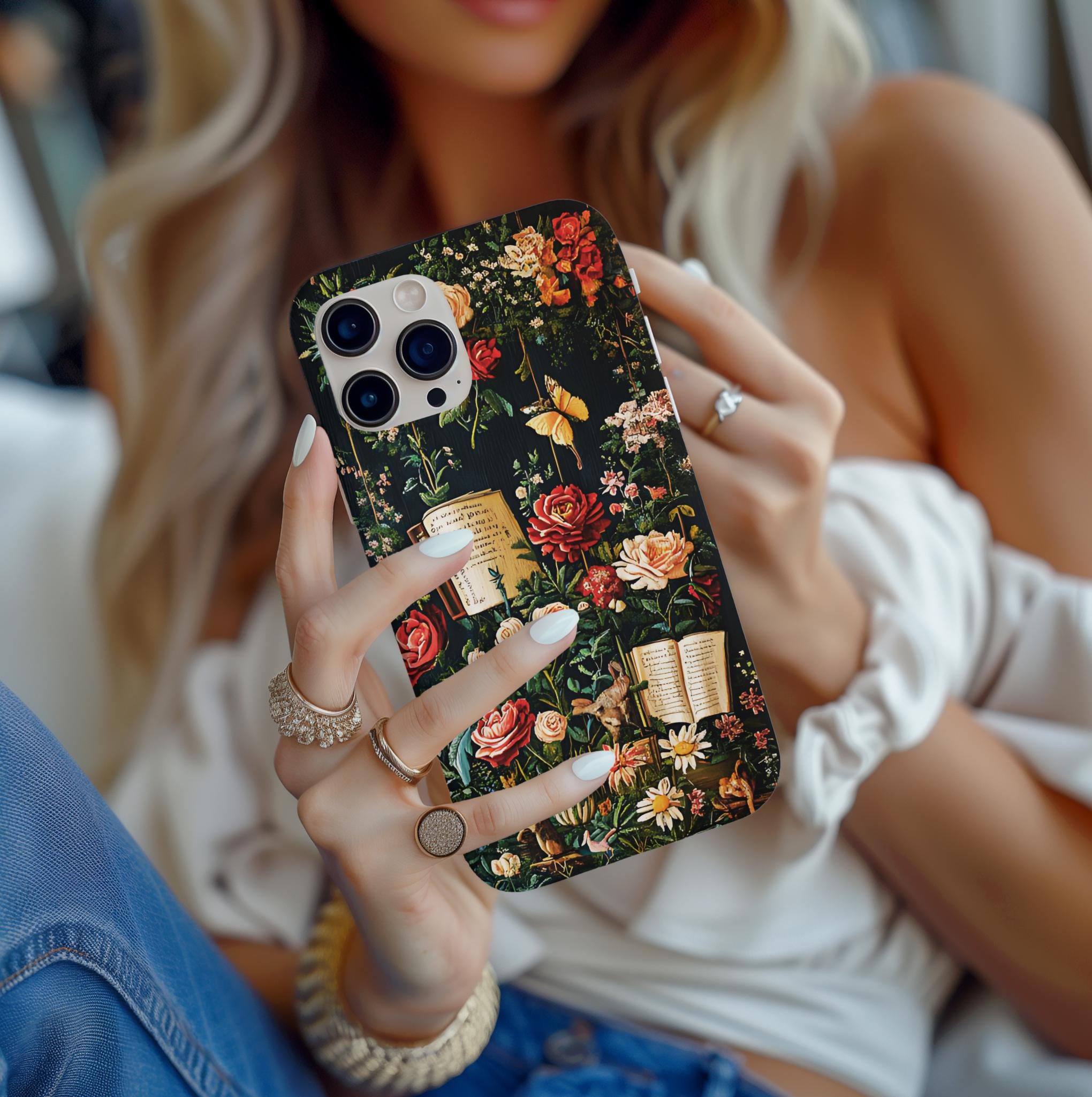 Cottagecore Floral Bookshelf Phone Case: Gothic Book Lover Gift