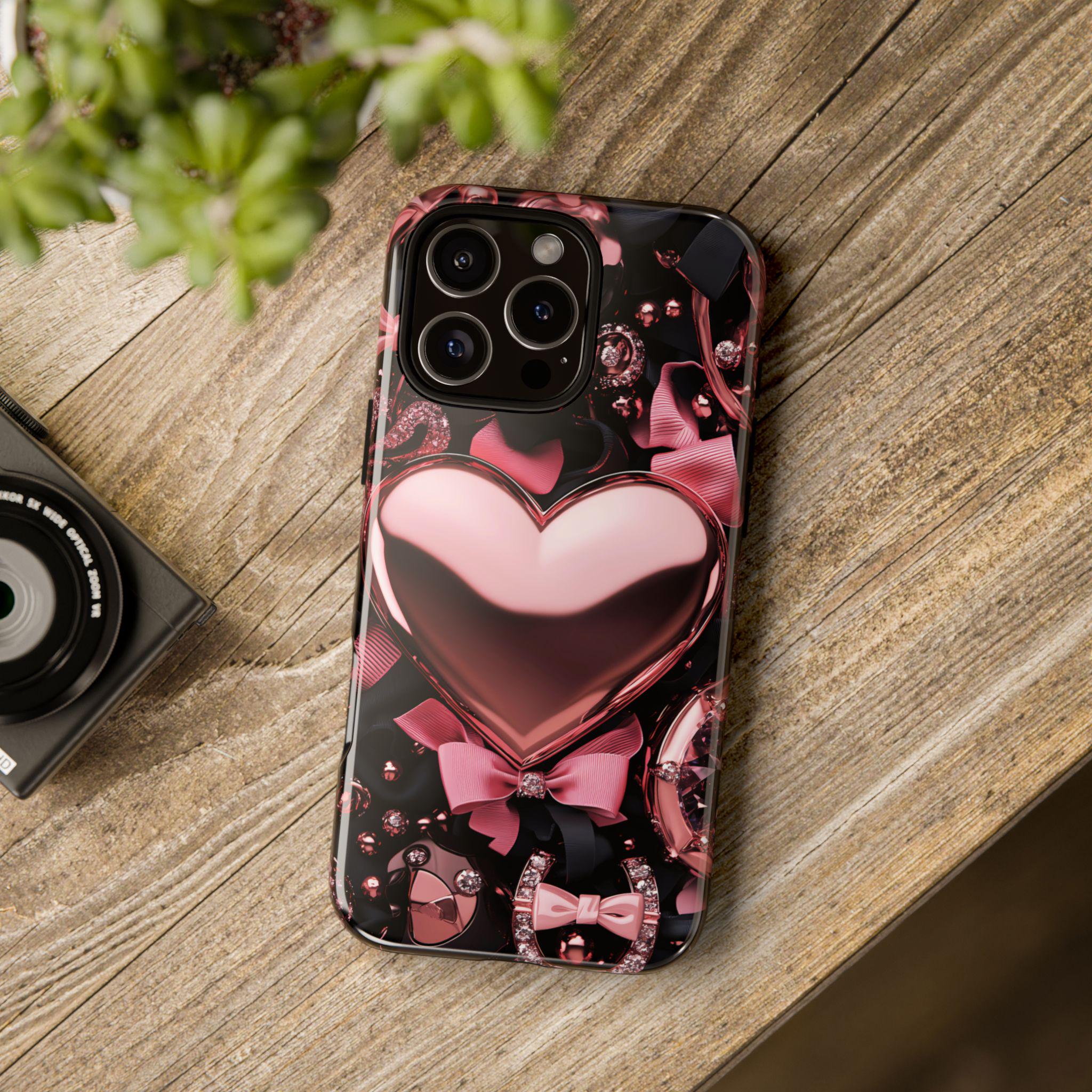 Bling Pink Heart Phone Case with Black Bows,  Mosaic Cover iPhone, Galaxy, Pixel